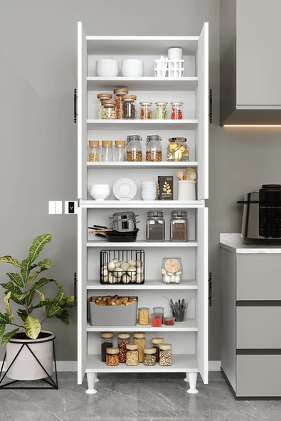 AEKA Ae-2086 Bala Beyaz Çok Amaçlı Mutfak Dolabı&banyo Dolabı, Kiler, 4 Kapaklı, Raflı, Ayaklı - 5