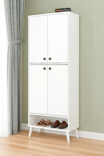 AEKA Ae-1088 Patentli İmaj Beyaz Ayakkabılık, 9 Raflı, Ayaklı, 4 Kapaklı Çok Amaçlı Dolap, Kiler Dolabı - 2