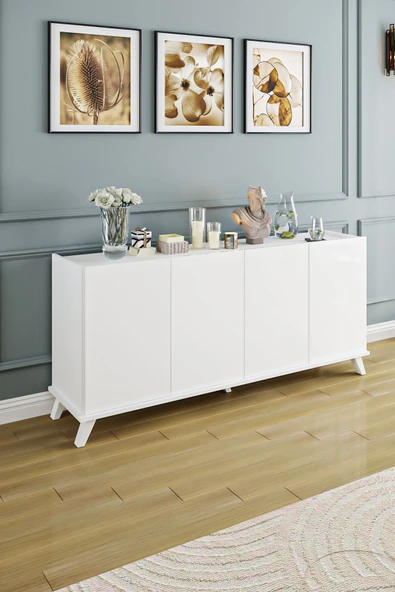 AEKA AE-2056 AKEL BEYAZ 4 KAPAKLI GENİŞ KONSOL 180 CM AYAKLI,RAFLI, YEMEK ODASI, TV SEHBASI, MODERN, ürün görseli