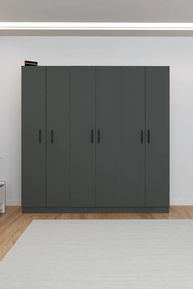 AEKA AE-2115 KALE ANTRASİT GRİ GARDIROP 6 KAPAKLI, 4 ÇEKMECELİ, 3 ASKILIKLI, 13 RAFLI DOLAP - Resim 4