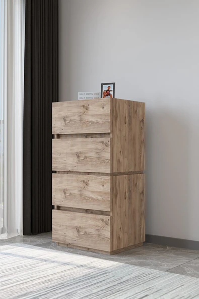 AEKA Ae-2034 Galata 4 Çekmeceli Patentli Çam Renkli Şifonyer Yatak Odası Bebek Odası Komodin - Resim 5