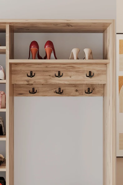 AEKA AE-3071 Patentli İdeal Aynalı Vestiyer Portmanto Ayakkabılık Raflı Askılıklı, Atlantik Çam - Resim 4