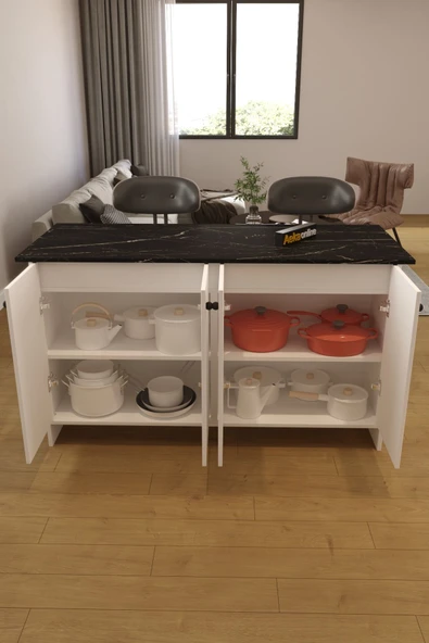 AEKA AE-2080 Patentli Ayder Mutfak Adası Bar Masası Yemek Masası Dolaplı, Beyaz/S.MERMER Raflı,Çok Amaçlı - Resim 2