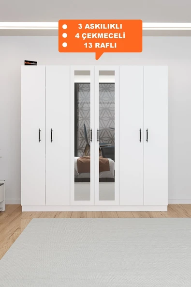 AEKA Ae-2116 Kale Aynalı Beyaz, 6 Kapaklı Gardırop, 13 Raflı, 3 Askılıklı 180 Cm Dolap ürün görseli