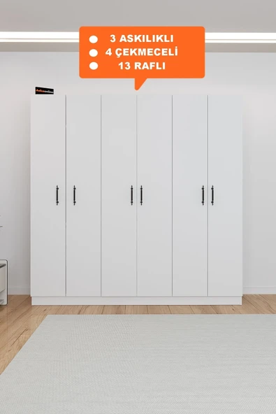 AEKA AE-2115 KALE BEYAZ GARDIROP 6 KAPAKLI, 4 ÇEKMECELİ, 3 ASKILIKLI, 13 RAFLI DOLAP ürün görseli
