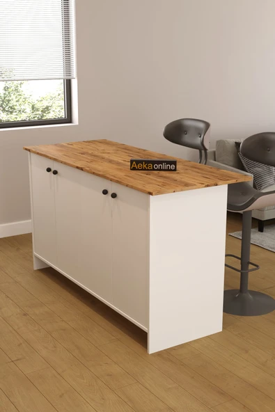 AEKA AE-2080 Patentli Ayder Mutfak Adası Bar Masası Yemek Masası Dolaplı, Beyaz/Çam Raflı, Çok Amaçlı - Resim 4