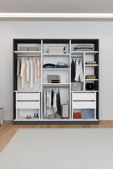 AEKA Ae-2116 Kale Aynalı Antrasit/Beyaz, 6 Kapaklı Gardırop, 13 Raflı, 3 Askılıklı 180 Cm Dolap - Resim 2
