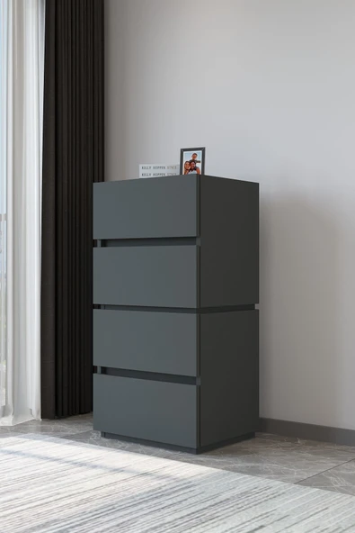 AEKA Ae-2034 Galata 4 Çekmeceli Patentli Antrasit Şifonyer Yatak Odası Bebek Odası Komodin - Resim 5