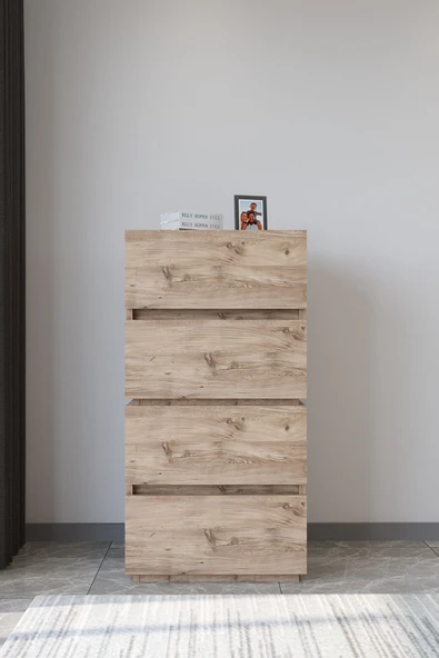 AEKA Ae-2034 Galata 4 Çekmeceli Patentli Çam Renkli Şifonyer Yatak Odası Bebek Odası Komodin - Resim 4