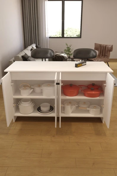 AEKA AE-2080 Patentli Ayder Mutfak Adası Bar Masası Yemek Masası Dolaplı, Beyaz Raflı, Çok Amaçlı 160 CM - Resim 2