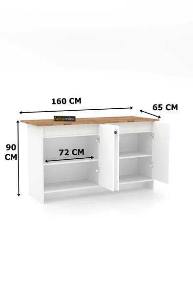 AEKA AE-2080 Patentli Ayder Mutfak Adası Bar Masası Yemek Masası Dolaplı, Beyaz Raflı, Çok Amaçlı 160 CM - Resim 3