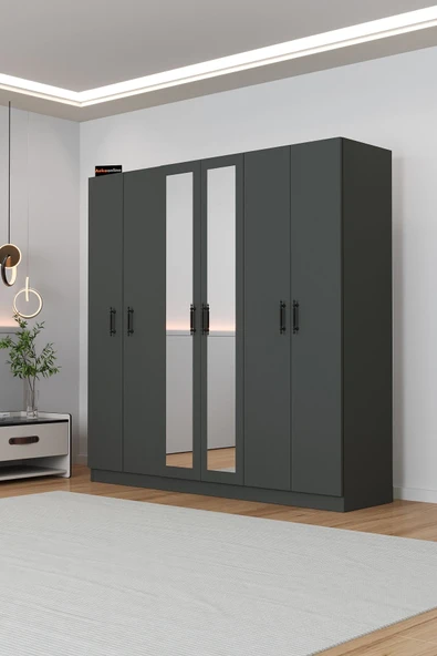 AEKA Ae-2116 Kale Aynalı Antrasit, 6 Kapaklı Gardırop, 13 Raflı, 3 Askılıklı 180 Cm Dolap - Resim 4