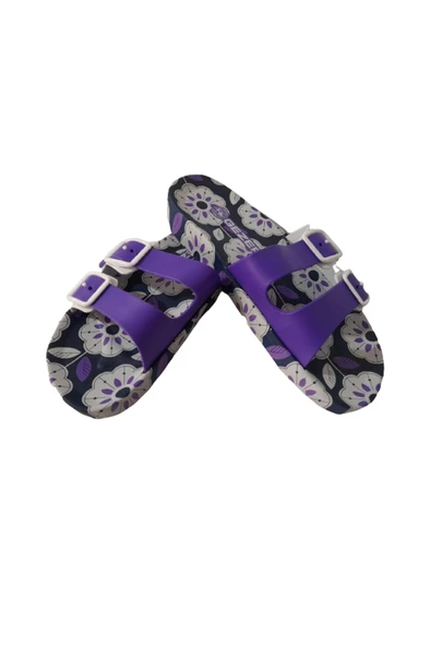 GEZER Kadın Mor-beyaz Çift Tokalı Kaymaz Taban Günlük Havuz- Deniz- Plaj -sahil Yürüyüş Terliği - 5