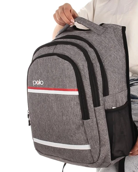 Temel My Polo Sırt Çantası Kırmızı Beyaz Çizgili Gri 8860 - Resim 3