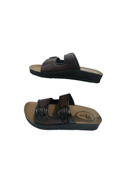 GEZER Ge072-10 Erkek Kahverengi Çift Tokalı Günlük Yürüyüş Terlik - Resim 6