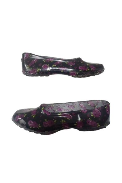 Emek Lastik Kadın Siyah-Mor Çiçek Desenli Kaymaz Taban Iş Ayakkabısı Kkk8545