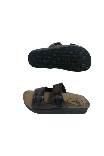 GEZER Ge072-10 Erkek Kahverengi Çift Tokalı Günlük Yürüyüş Terlik - Resim 5