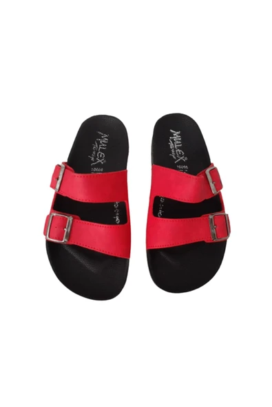 MULEX Kırmızı Çift Tokalı Ayarlanabilir Kadın Anatomik Rahat Taban Günlük Terlik - 3