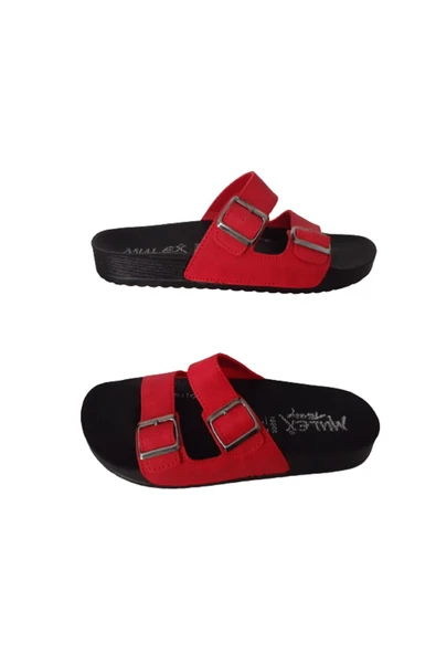 MULEX Kırmızı Çift Tokalı Ayarlanabilir Kadın Anatomik Rahat Taban Günlük Terlik
