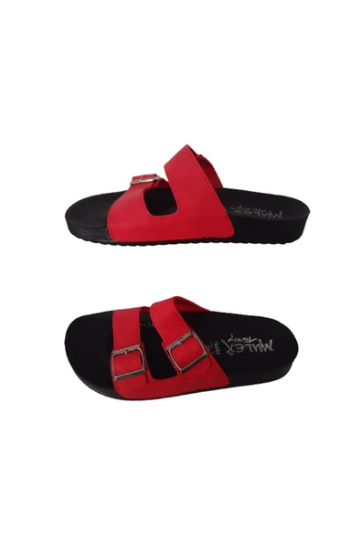 MULEX Kırmızı Çift Tokalı Ayarlanabilir Kadın Anatomik Rahat Taban Günlük Terlik - 4