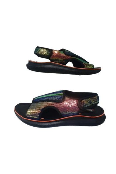 GEZER Kadın Siyah Yeşil Ortopedik Taban Günlük Şık Sandalet Gzeer801-17