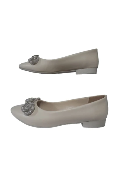 Shoes La Meira Shoes Kadın Krem Taş Fiyonklu Günlük Şık Babet Lmra210-663 - 5