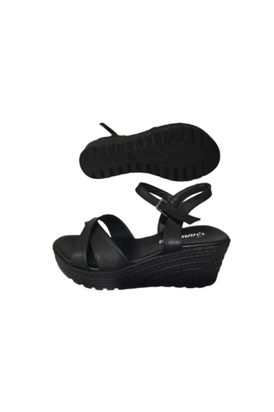 Şanzelize Şanzelize Şnz02-020 Kadın Siyah Dolgu Topuk Günlük Şık Sandalet - 6