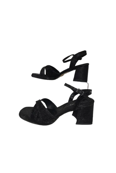 erbay shoes Kadın Kare burun Platform Sandalet Siyah Simli Çapraz Bantlı Ayakkabı - 5