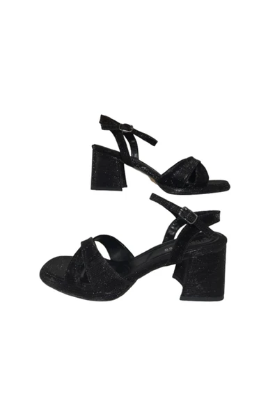 erbay shoes Kadın Kare burun Platform Sandalet Siyah Simli Çapraz Bantlı Ayakkabı