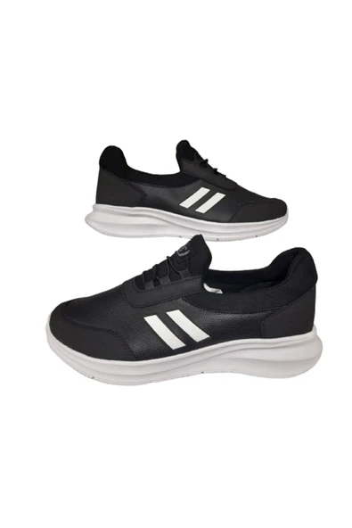 BS BLACK SEA Siyah-Beyaz Lastikli Erkek Düz Taban Cilt  Spor Ayakkabı ürün görseli