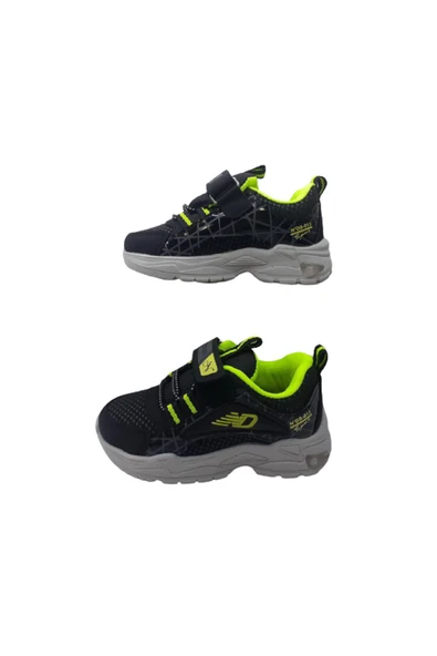 N Drops N.DROPS Erkek Çocuk Siyah-Fosfor Yeşili Işıklı Ortopedik Taban Günlük Spor Ayakkabı - Resim 2