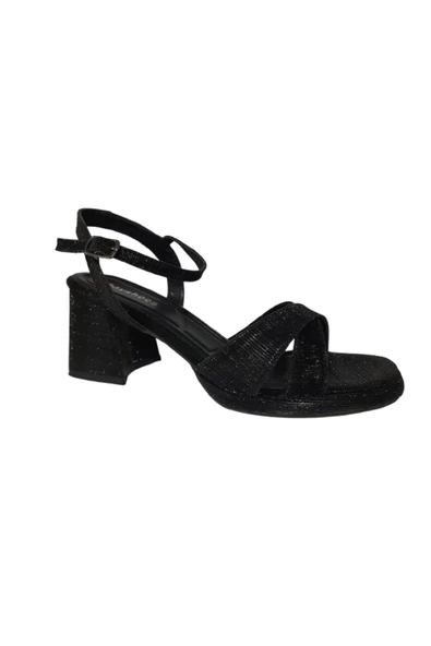 erbay shoes Kadın Kare burun Platform Sandalet Siyah Simli Çapraz Bantlı Ayakkabı - 3