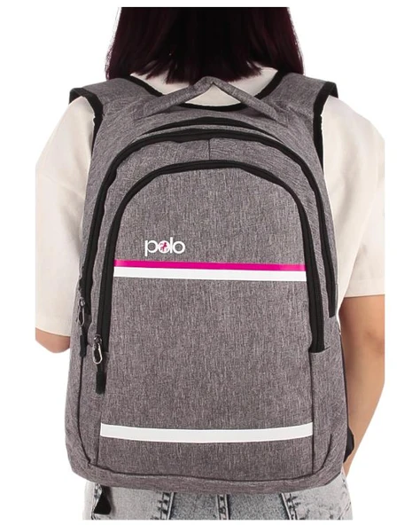 Temel My Polo Sırt Çantası Pembe Beyaz Çizgili Gri 8860 - Resim 2