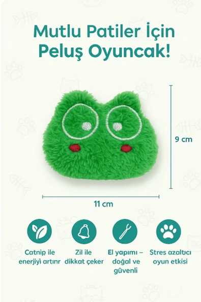 Kedi Oyuncağı Catnip ve Zilli İnteraktif, Rahatlatıcı Oyun Arkadaşı - Yeşil Peluş - 2