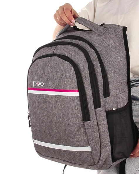 Temel My Polo Sırt Çantası Pembe Beyaz Çizgili Gri 8860 - Resim 3