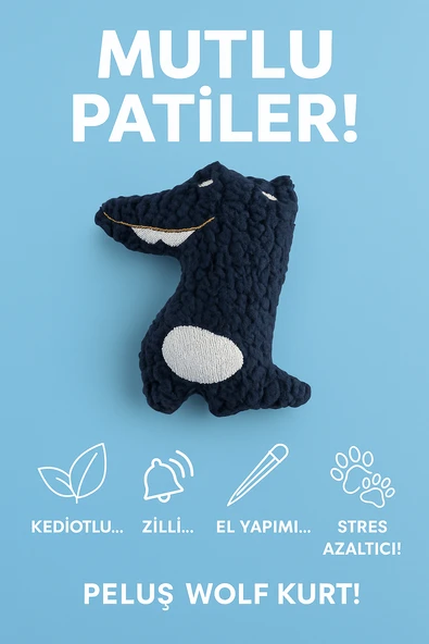 Kedi Oyuncağı Catnip ve Zilli İnteraktif, Rahatlatıcı Oyun Arkadaşı - Peluş Kurt - 3