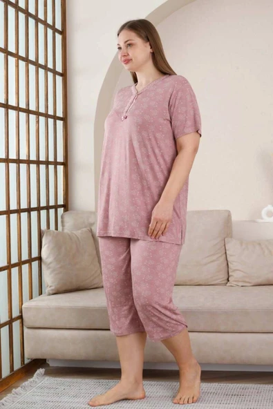 Büyük Beden Bermuda Pijama Takımı - Gülkurusu Çiçek Desen Likralı Viskon 2851bb - 2