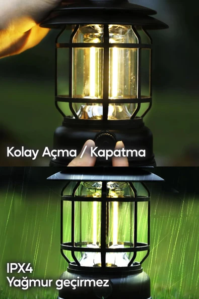 LED Şarjlı Kamp Lambası Işık Dimmer Ayarlı Askılı Portatif Işıldak El Feneri Gece Lamba Yeşil PR20 - Resim 5