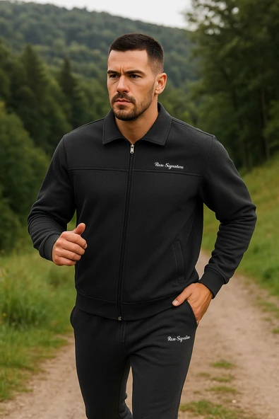 Likralı Battal Erkek Fermuarlı Eşofman Takımı