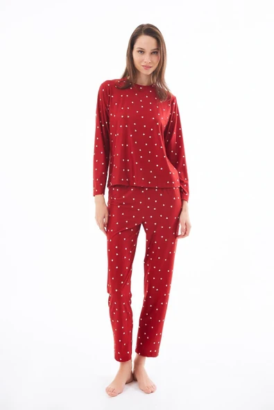 Yazlık Kadın Pijama Takımı Kırmızı Kalp Desenli Yumuşak Dokulu Bisiklet Yaka Uzun Kollu Cottonhıll ürün görseli