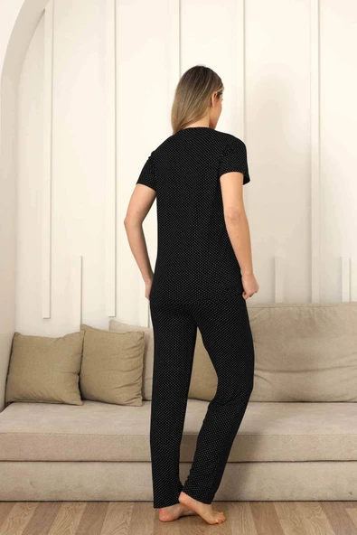 Fiyonklu Kadın Pijama Takımı - Siyah Puantiyeli Kısa Kol Likralı 2828ky - 2