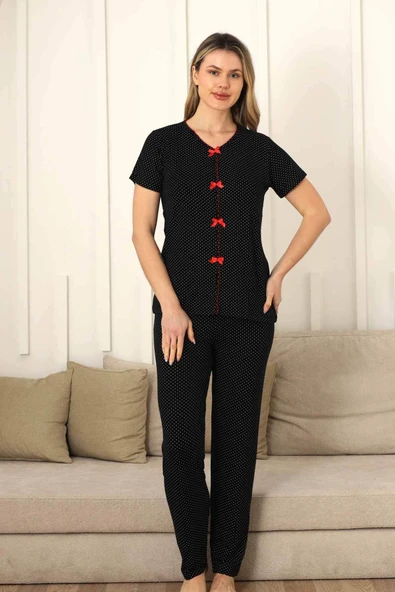 Fiyonklu Kadın Pijama Takımı - Siyah Puantiyeli Kısa Kol Likralı 2828ky - 5