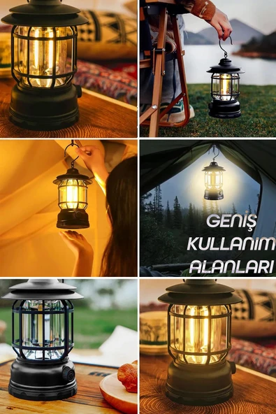 LED Şarjlı Kamp Lambası Işık Dimmer Ayarlı Askılı Portatif Işıldak El Feneri Gece Lamba Siyah PR20 - Resim 7