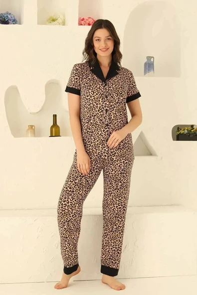 ALİMER KISA KOLLU LEOPAR DESENLİ %100 PAMUKLU KISA KOLLU GÖMLEKLİ PİJAMA TAKIMI - Resim 2