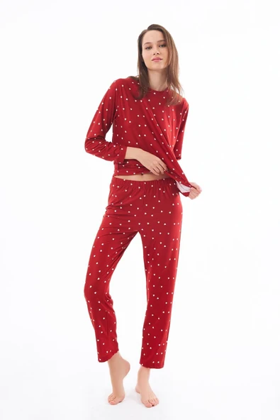 Yazlık Kadın Pijama Takımı Kırmızı Kalp Desenli Yumuşak Dokulu Bisiklet Yaka Uzun Kollu Cottonhıll - Resim 4