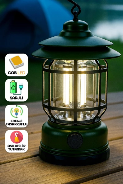 LED Şarjlı Kamp Lambası Işık Dimmer Ayarlı Askılı Portatif Işıldak El Feneri Gece Lamba Yeşil PR20 ürün görseli 1