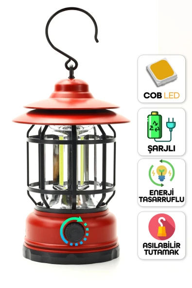 LED Şarjlı Kamp Lambası Işık Dimmer Ayarlı Askılı Portatif Işıldak El Feneri Gece Lamba Kırmızı PR20 - Resim 2