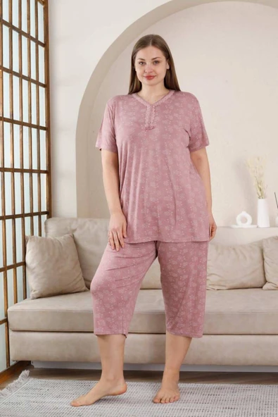Büyük Beden Bermuda Pijama Takımı - Gülkurusu Çiçek Desen Likralı Viskon 2851bb - 3
