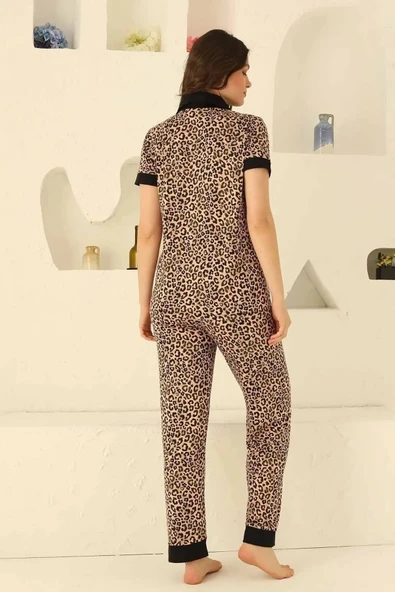 ALİMER KISA KOLLU LEOPAR DESENLİ %100 PAMUKLU KISA KOLLU GÖMLEKLİ PİJAMA TAKIMI - Resim 4