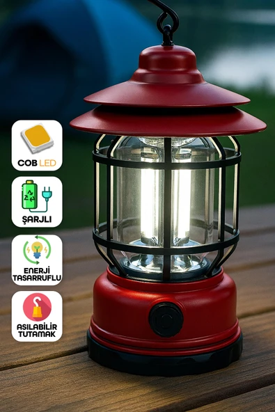 LED Şarjlı Kamp Lambası Işık Dimmer Ayarlı Askılı Portatif Işıldak El Feneri Gece Lamba Kırmızı PR20 ürün görseli